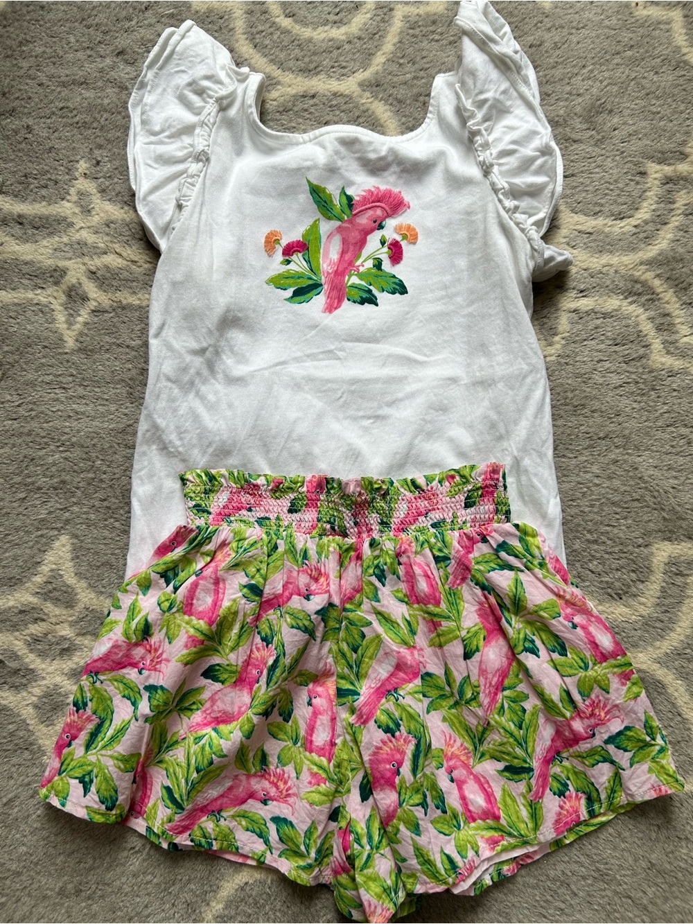 Janie and Jack White Top with Pink Parrot Print and Pink Floral Shorts